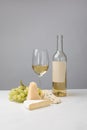 Different types of cheese, grapes, bottle and white wine glass on gray