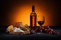 different types of cheeses wine bottle and grapes on table Royalty Free Stock Photo
