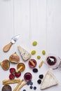 Different types of cheeses with wine glass and fruits Royalty Free Stock Photo
