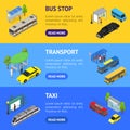 Different Types City Public Transport 3d Banner Horizontal Set Isometric View. Vector