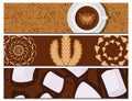Different types of coffee cards chocolate cocoa cups top view perfect for menu assortment vector illustration. Royalty Free Stock Photo