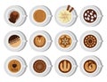 Different types of coffee chocolate cocoa cups top view perfect for menu assortment vector illustration. Royalty Free Stock Photo