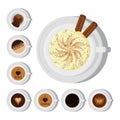 Different types of coffee chocolate cocoa cups top view perfect Royalty Free Stock Photo