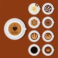 Different types of coffee chocolate cocoa cups top view perfect for menu assortment vector illustration. Royalty Free Stock Photo
