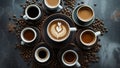 Coffee variety surrounding latte art on dark background Royalty Free Stock Photo