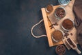 Different types of coffee: grain, granulated, ground on a brown background with space for copying. Royalty Free Stock Photo