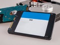 Different types of computer drives, hard disk drives and SSD drives of different generations, data transfer, read and write Royalty Free Stock Photo