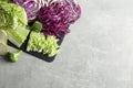Different types of cut cabbage on light grey table, flat lay. Space for text Royalty Free Stock Photo