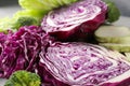 Different types of cut cabbage on table, closeup Royalty Free Stock Photo
