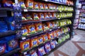 Different types of detergents on shelves in a supermarket. Tide is a laundry detergent manufactured by Procter & Gamble and one of Royalty Free Stock Photo