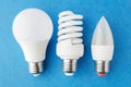 different types of energy-saving lamps on a blue background Royalty Free Stock Photo