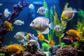 different types of exotic aquarium fish in separate tanks Royalty Free Stock Photo