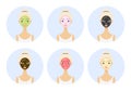 Different types of facial masks and skin care illustration set on circle. Pretty girl face with various skincare