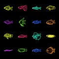 Different types of fish neon icons in set collection for design. Marine and aquarium fish vector symbol stock web Royalty Free Stock Photo