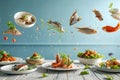 Different types of fish and seafood cooked flying and floating in the air chaotically and dynamically. Tossed seafood