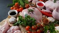 Different types of fresh chicken meat. Whole raw chicken Royalty Free Stock Photo