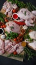 Different types of fresh chicken meat. Whole raw chicken Royalty Free Stock Photo