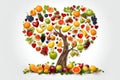 Arrange of fruits forming the shape of a tree and heart, on white background.