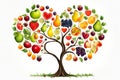 Arrange of fruits forming the shape of a tree, on white background.