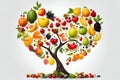 Arrange of fruits forming the shape of a tree and a heart, on white background.