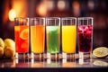 Different types of fruits juices in glasses, copy space. Well-being, balanced diet nutrient-rich and vitamins. Generative AI