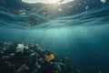 Different types of garbage underwater in blue sea or ocean. Floating plastic waste pollution underwater Royalty Free Stock Photo