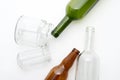 Different types of glass bottles on white background. Recyclable waste. Recycling, reuse, garbage disposal, resources, environment