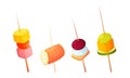 Different types of gourmet snacks on skewers vector illustration