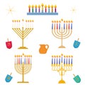 Different types of Hanukkah, Festival of Light, traditional golden menorah candelabrum with colorful candles vector set Royalty Free Stock Photo