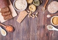 Different types of high carbohydrate food on the wooden table Royalty Free Stock Photo