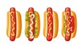 4 different types hotdog with tomato, ketchup, mayo, lettuce, mustard, onion. Vector color flat icon