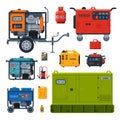 Different Types of Industrial Power Generators Set, Propane Gas Cylinder, Fuel Jerrycan, Electrical Engine Equipment