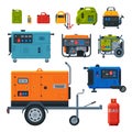 Different Types of Industrial Power Generators Set, Propane Gas Cylinder, Fuel Jerrycans Vector Illustration Royalty Free Stock Photo