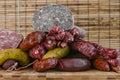 Different types of ingredients and sausages made by hand.