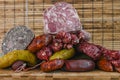 Different types of ingredients and sausages made by hand.