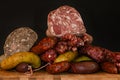 Different types of ingredients and sausages made by hand.