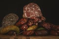 Different types of ingredients and sausages made by hand.