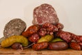 Different types of ingredients and sausages made by hand.