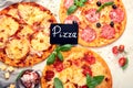 Different types of italian pizza on light background Royalty Free Stock Photo