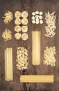Different types of Italian uncooked pasta on rustic wooden table background, top view. Royalty Free Stock Photo