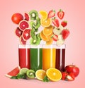 Different types of juices and fresh fruits on pink background Royalty Free Stock Photo