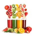 Different types of juices and fresh fruits on white background Royalty Free Stock Photo