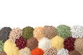 Different types of legumes and cereals on white, top view. Organic grains Royalty Free Stock Photo