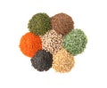 Different types of legumes and cereals on background, top view. Organic grains