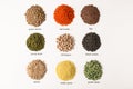 Different types of legumes and cereals on background, top view. Organic grains Royalty Free Stock Photo