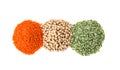 Different types of legumes on white background, top view. Organic grains Royalty Free Stock Photo
