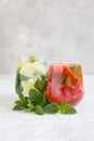 Different types of lemonade, classic, strawberry, french, cucumber. Summer refreshing drinks