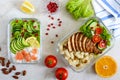 Different types of lunch boxes. Top view, flat lay. Delicious healthy lunch. Royalty Free Stock Photo