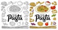 Different types macaroni and ITALIAN PASTA lettering. Vector engraving