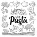 Different types macaroni and ITALIAN PASTA lettering. Vector engraving